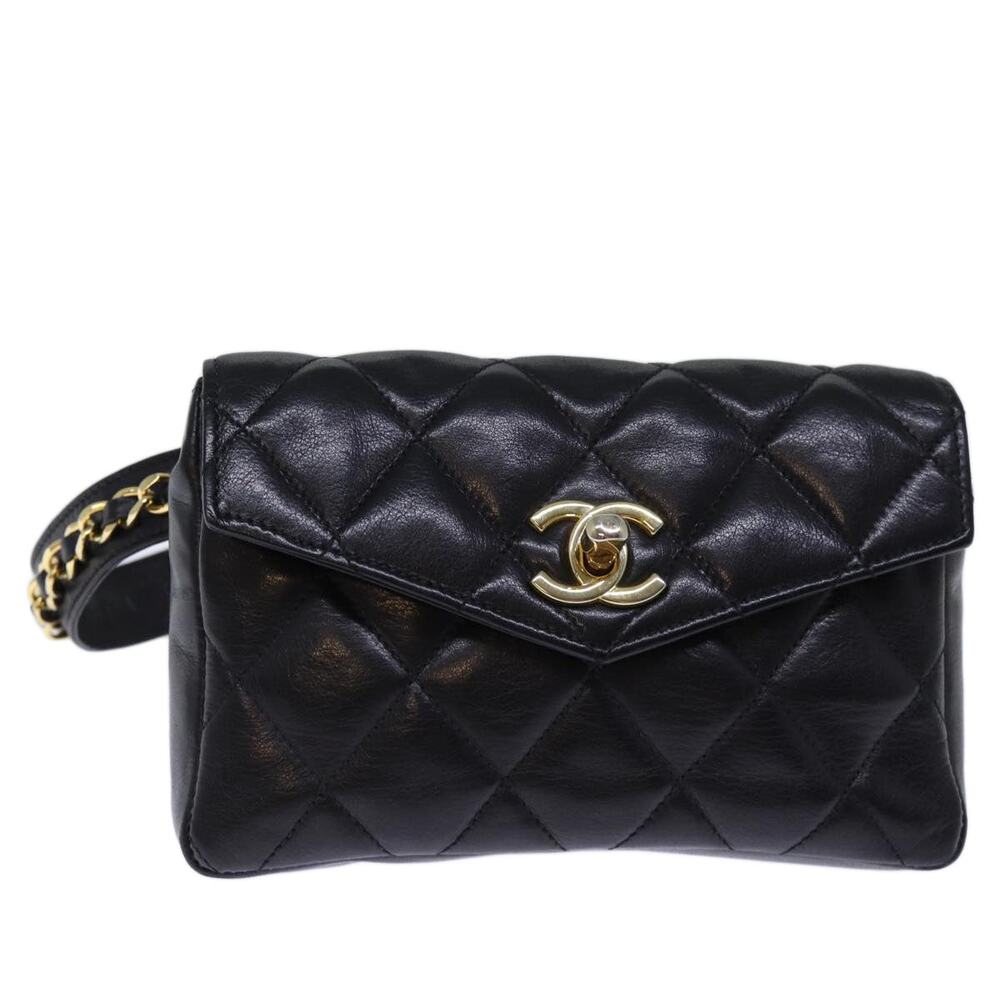 CHANEL Matelasse Turn Lock Waist Bag Leather Black CC